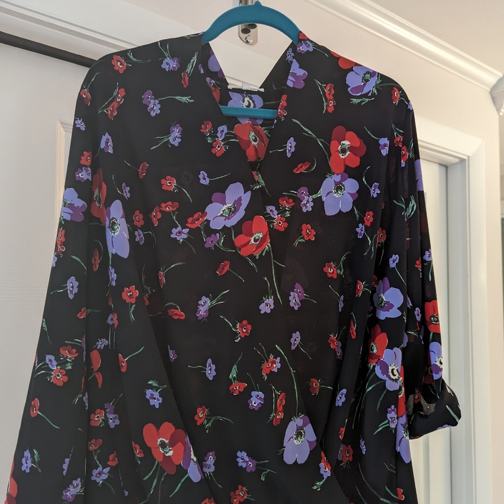 Black floral faux wrap blouse